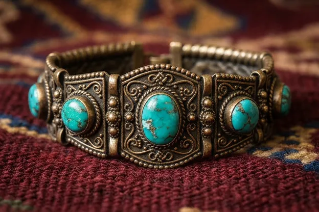 Tibetan bronze and turquoise bracelet on fabric, detail of craftsmanship and gemstones, warm lighting
