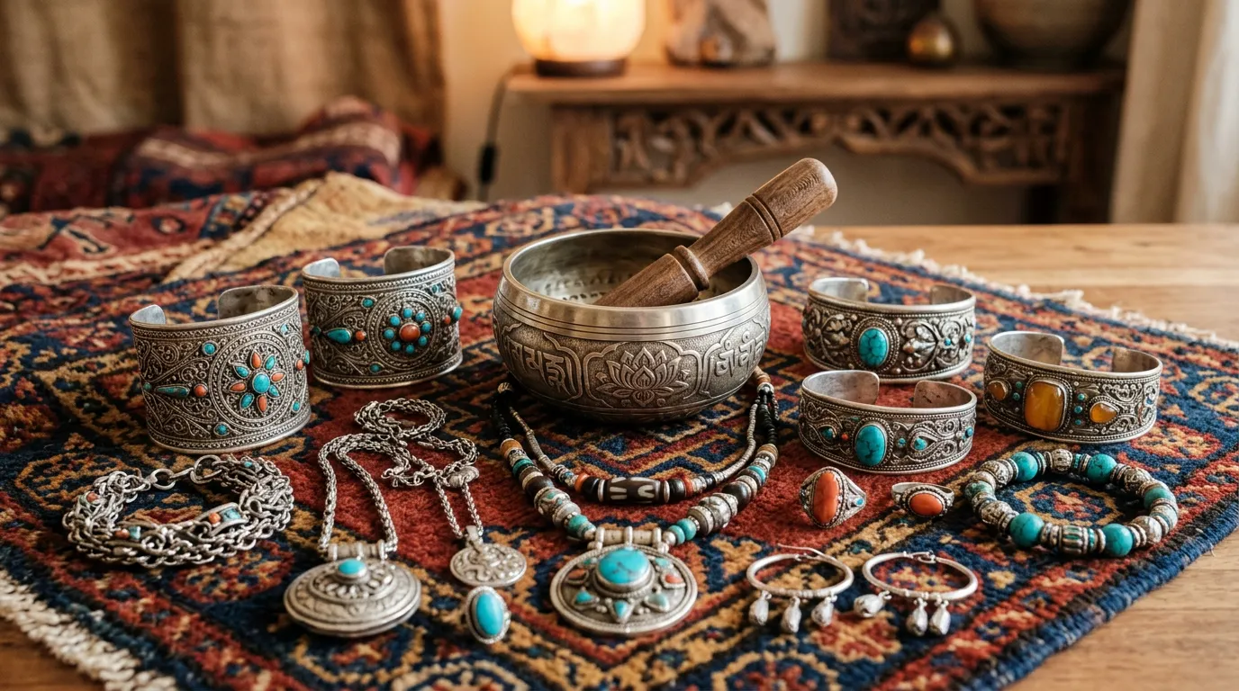 Tibetan silver jewelry collection displayed on textile, cuenco cantor bowl and ornate bracelets arranged artfully, warm lighting emphasizing metalwork details