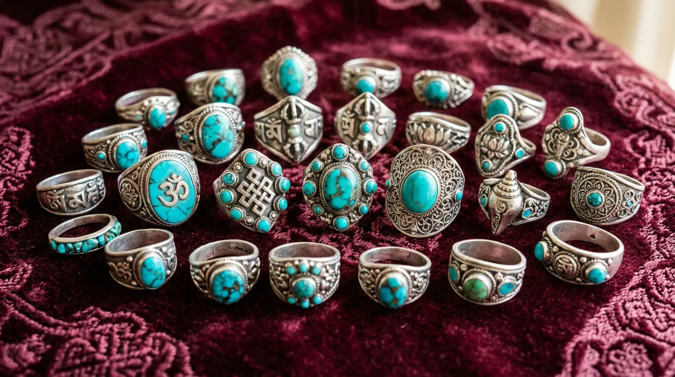 Collection of authentic tibetan silver rings with various sacred symbols and turquoise inlays, arranged on velvet textile, intricate details visible, warm studio lighting
