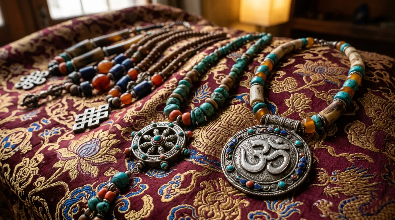 Tibetan necklaces with sacred symbols and semi-precious stones displayed on ornate fabric, detailed closeups of om pendant and dharma wheel charms, warm lighting