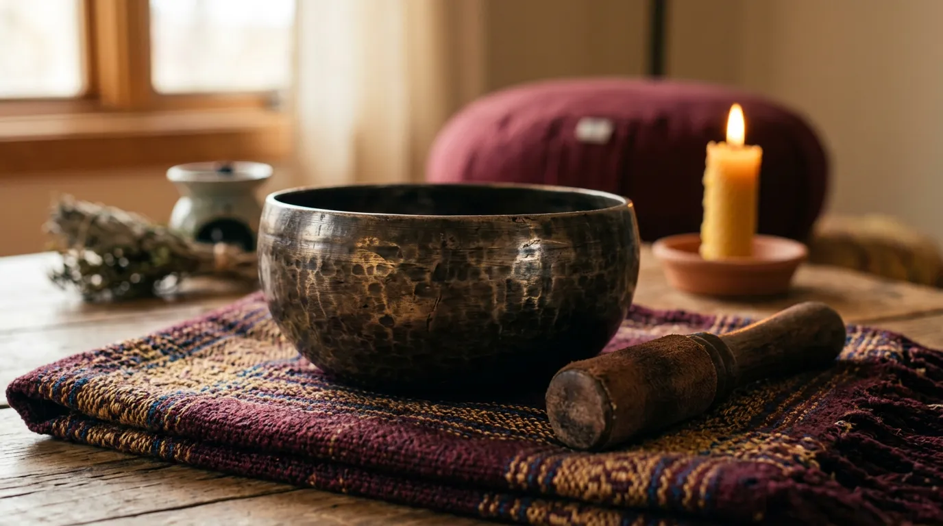 Tibetan singing bowl with wooden mallet resting on fabric, warm interior glow showing patina and craftsmanship, meditative setting with minimal background