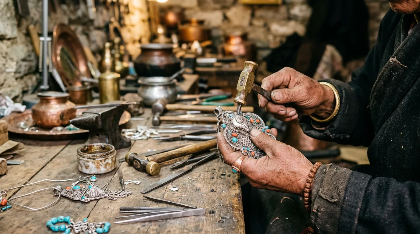 Artisan hands crafting tibetan metalwork jewelry using traditional techniques, tools and materials in workshop setting, detailed craftsmanship visible, warm ambient lighting, no faces visible