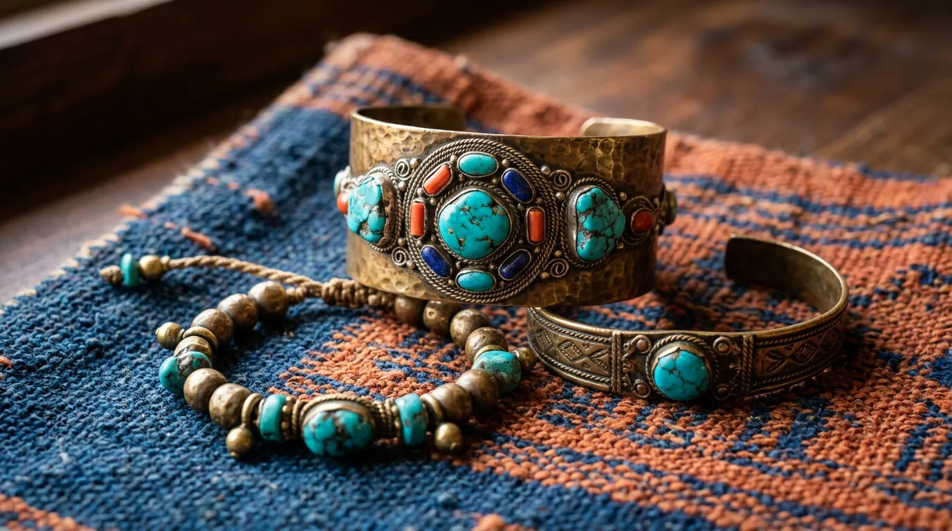 Close-up of authentic tibetan bracelets with turquoise and bronze inlay, arranged on textured fabric, artisanal craftsmanship visible, warm natural lighting