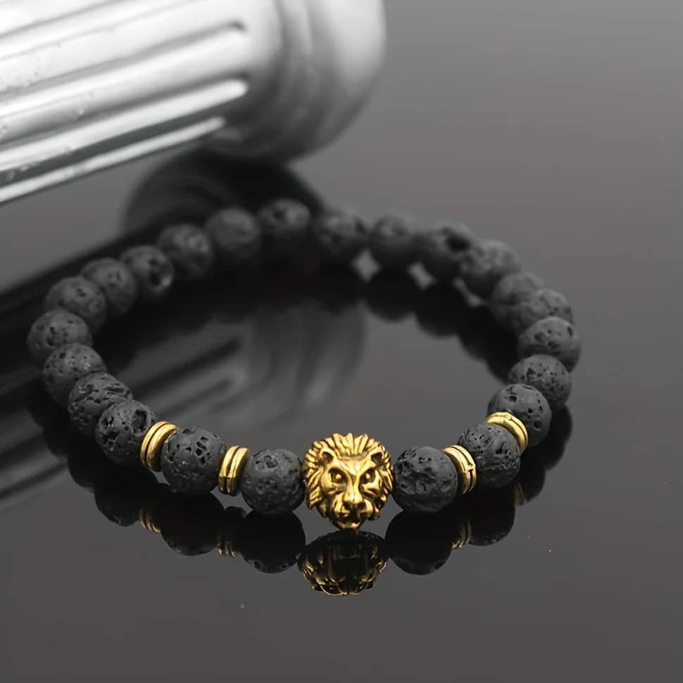 Pulsera Corazón de León con Perlas de Piedra de Lava-1